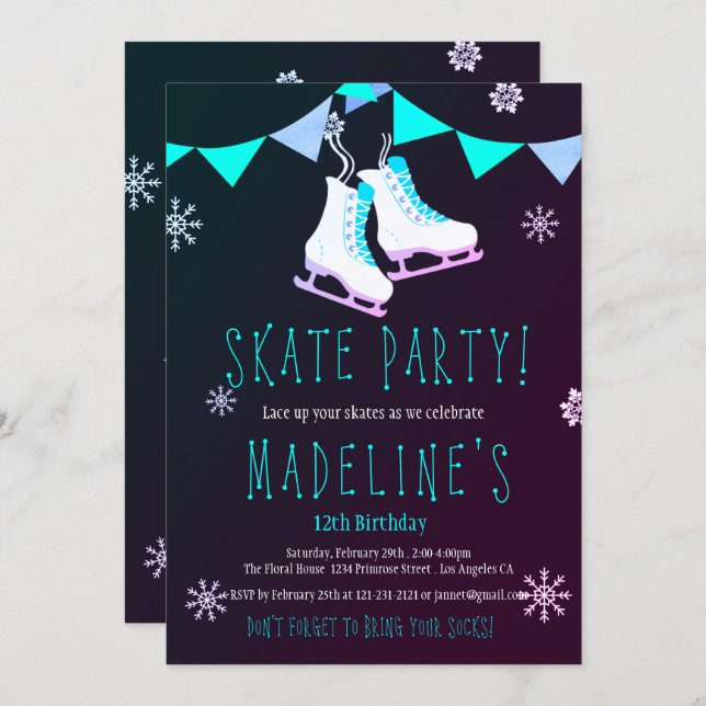 Winter Wonderland Ice Skate Girl Chalkboard Party Invitation (Front/Back)
