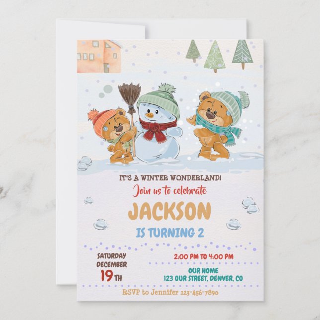 Winter wonderland invitation Teddy bear birthday (Front)