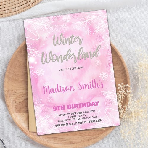 Winter Wonderland Invitations Pink Silver Glitter
