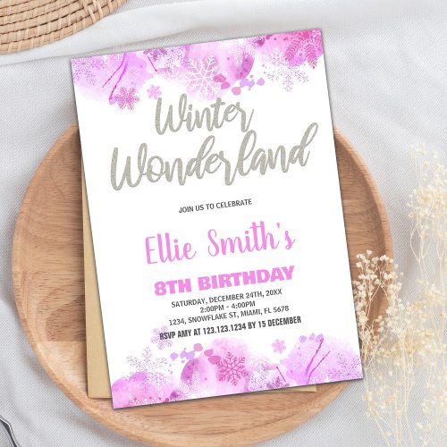 Winter Wonderland Invitations Pink Silver Snow