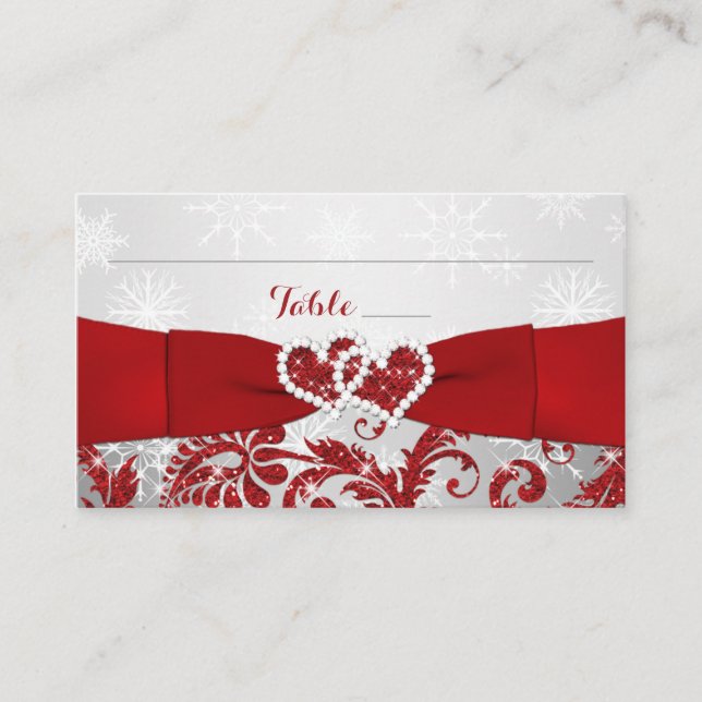 Winter Wonderland, Joined Hearts Place Cards - Red (Front)