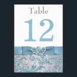 Winter Wonderland Joined Hearts Table Number Card<br><div class="desc">Continue the theme of your Christmas or winter wedding with this elegant double-sided 5"x7" ice blue, silver gray floral FAUX glitter damask pattern wedding reception table number card that has a background of assorted white snowflakes on it and a PRINTED steel blue ribbon and bow with a pair of diamond...</div>