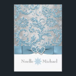 Winter Wonderland Joined Hearts Wedding Invite<br><div class="desc">Set the tone for your Christmas or winter wedding with this inexpensive, yet luxuriously elegant ice blue, silver gray floral FAUX glitter damask pattern wedding invitation that has a background of assorted white snowflakes on it and a PRINTED steel blue ribbon and bow with a pair of diamond jewels and...</div>