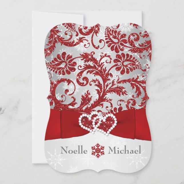 Winter Wonderland Joined Hearts Wedding Invite Red (Front)