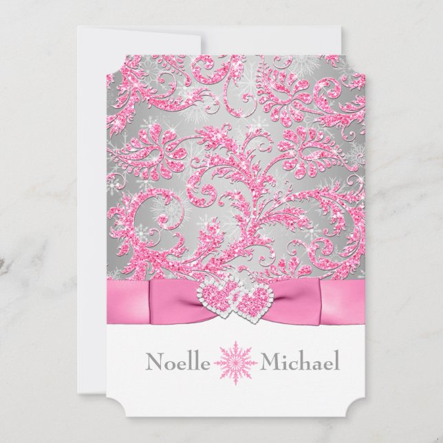 Winter Wonderland Joined Hearts Wedding - Pink Invitation (Front)