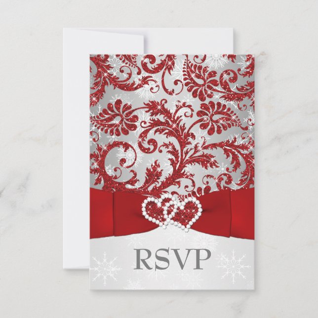 Winter Wonderland Joined Hearts Wedding RSVP - Red (Front)