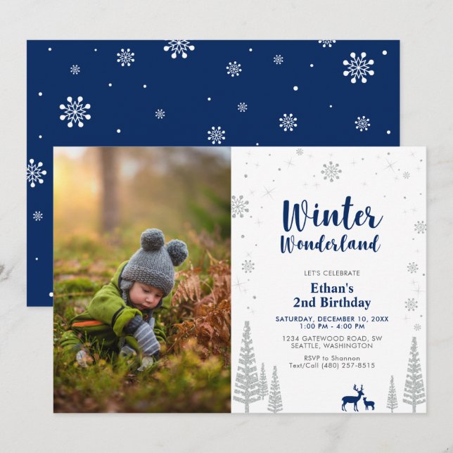 Winter Wonderland Kid Boy 2nd Birthday Invitation (Front/Back)