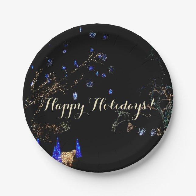 Winter Wonderland Lights Blue and White Holiday Paper Plates (Front)