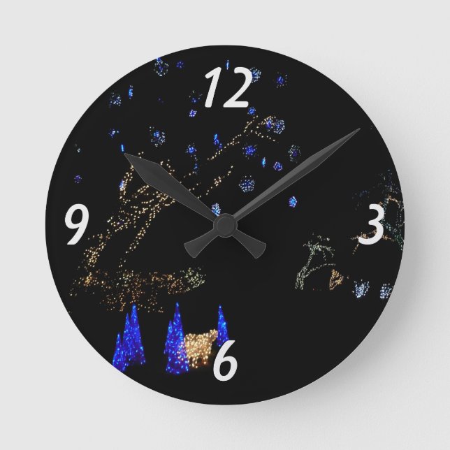 Winter Wonderland Lights Blue and White Holiday Round Clock (Front)