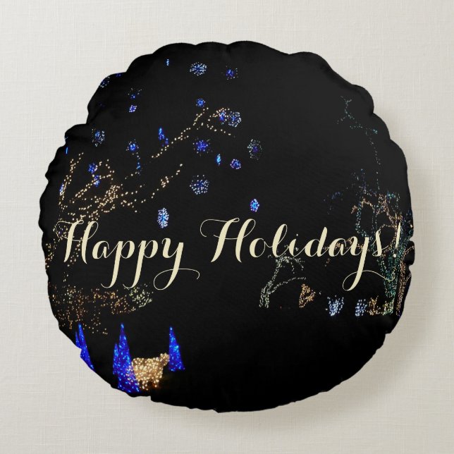 Winter Wonderland Lights Blue and White Holiday Round Pillow (Front)