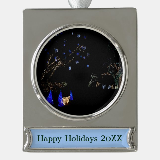Winter Wonderland Lights Blue and White Holiday Silver Plated Banner Ornament (Front)