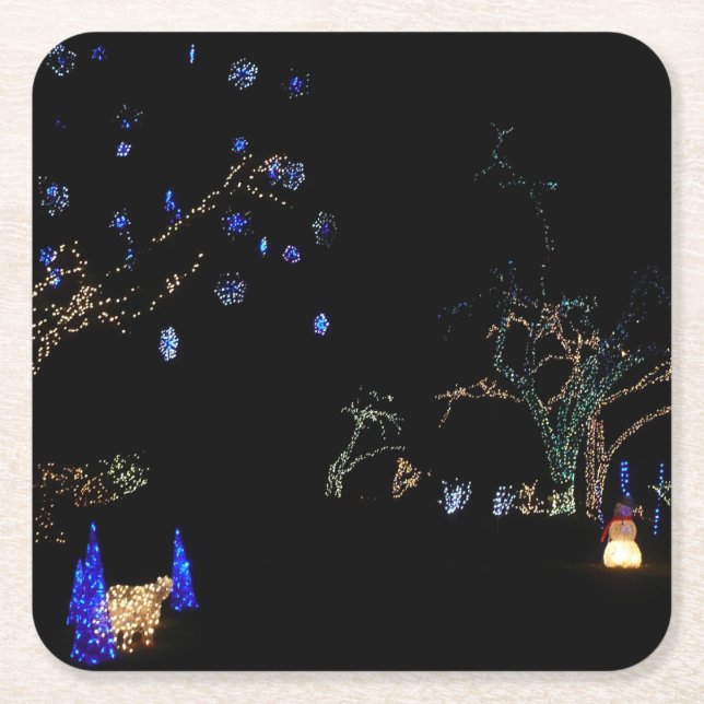 Winter Wonderland Lights Blue and White Holiday Square Paper Coaster (Front)