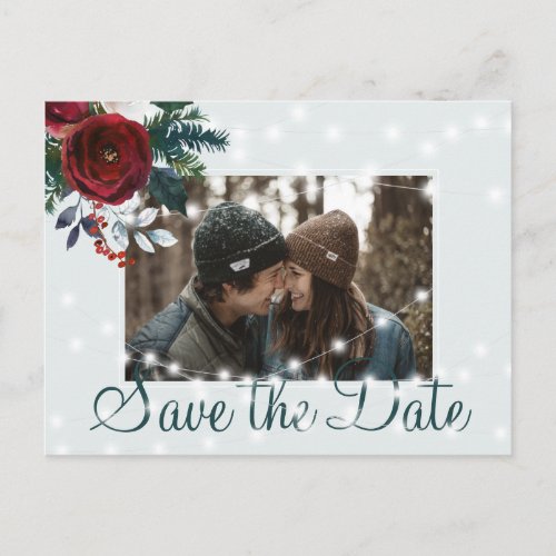Winter wonderland lights photo save date wedding announcement postcard