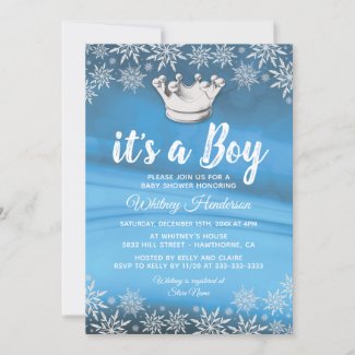 Royal prince in winter wonderland baby shower invite, light blue and silver crown.