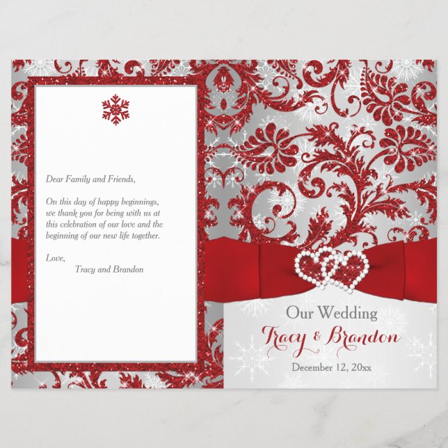 Winter Wonderland Love Hearts Wedding Program -Red (Front)