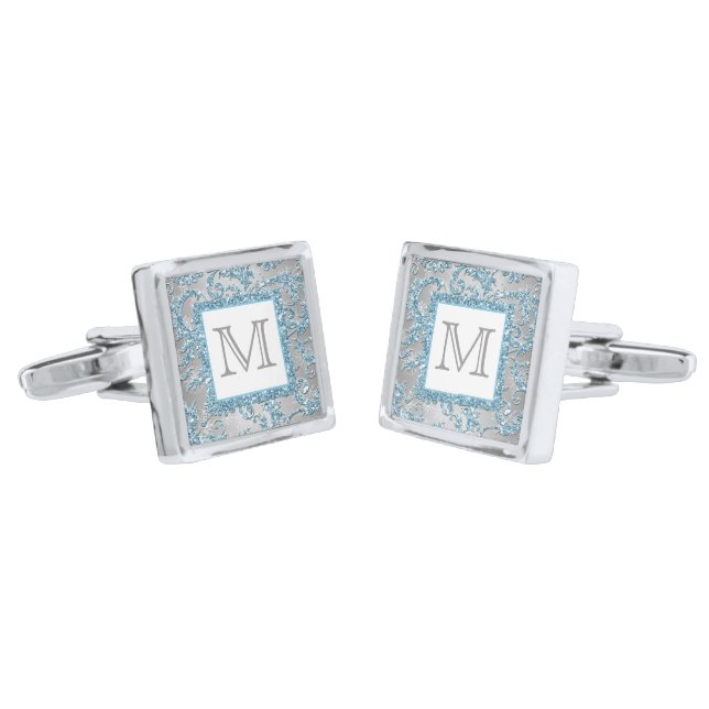 Winter Wonderland Monogram Floral Damask Cufflinks (Angled)