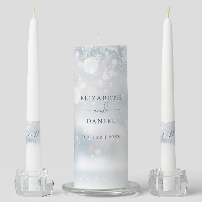 Winter Wonderland Monogram Snow Wedding Unity Candle Set (Front)