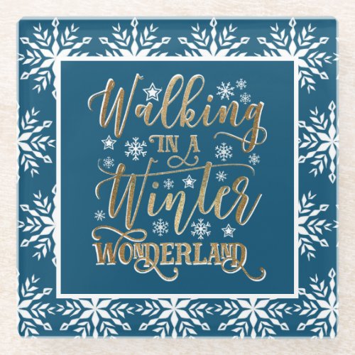 Winter Wonderland Navy Blue Gold White Snowflakes Glass Coaster
