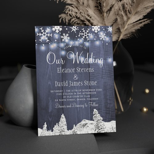 Winter wonderland navy white snowflakes invitation