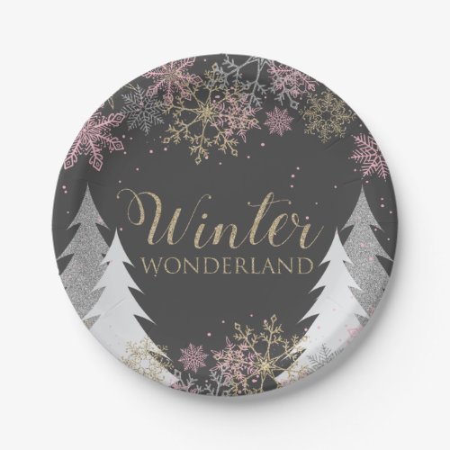 Winter Wonderland Party Plates with Pink Snowflake