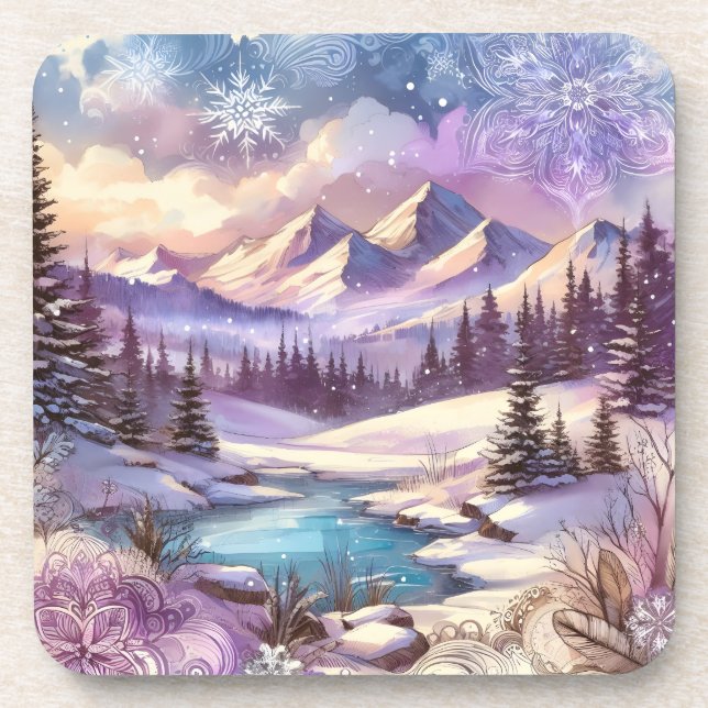 Winter Wonderland Patterns of Nature Mountain Lake Beverage Coaster (Front)