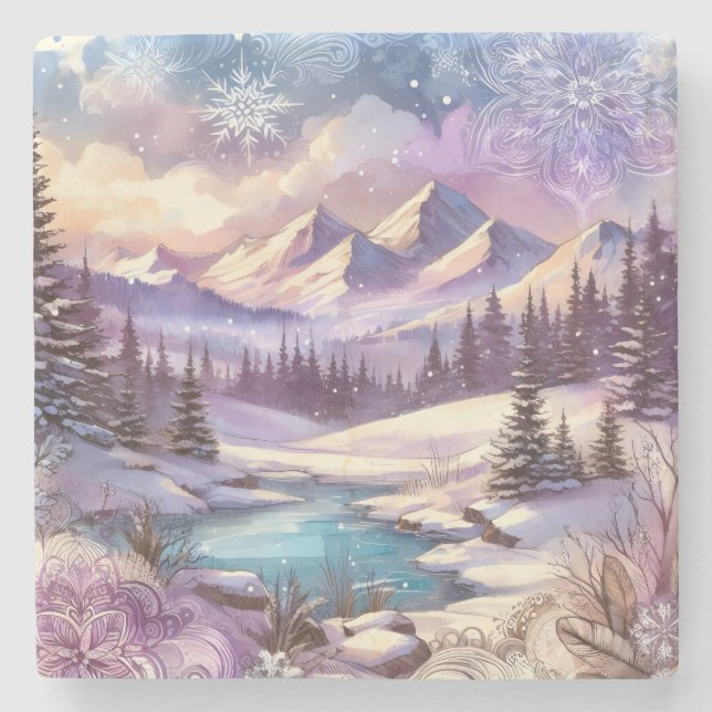 Winter Wonderland Patterns of Nature Mountain Lake Stone Coaster (Front)