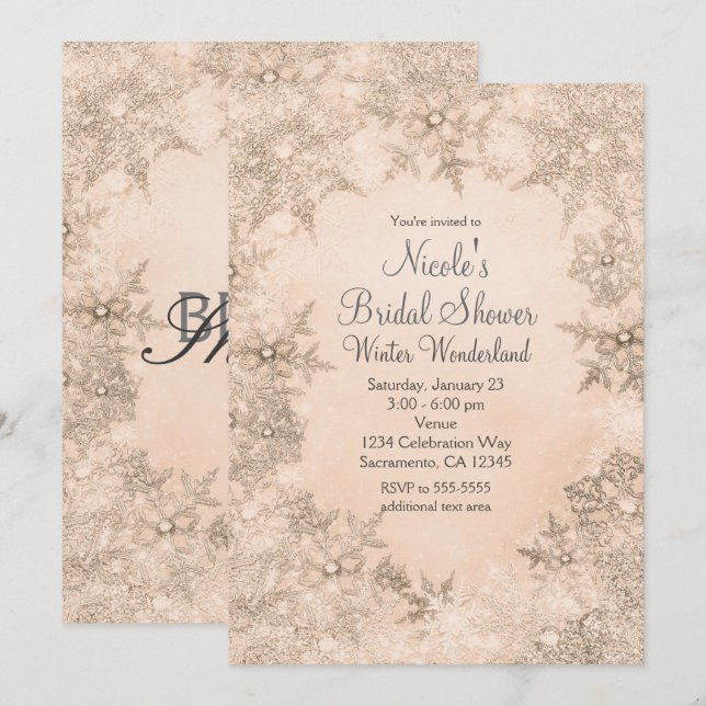 Winter Wonderland Peachy Cream Elegant Snowflakes Invitation (Front/Back)