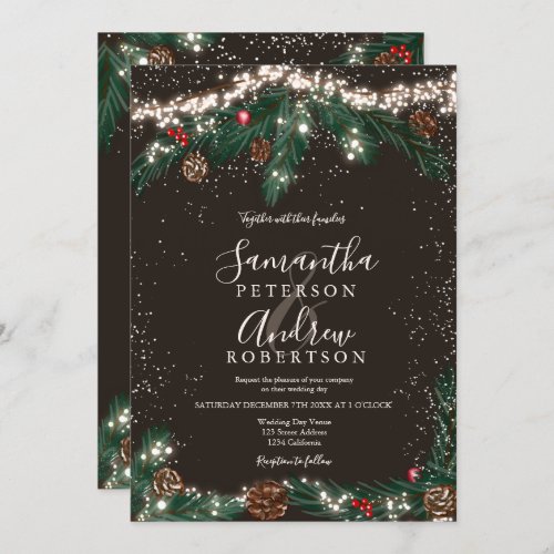 Winter wonderland pine snow photo script wedding invitation