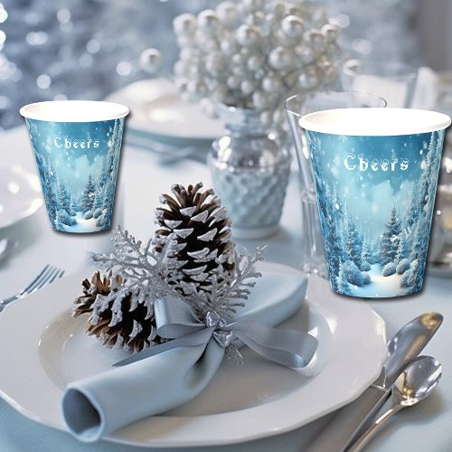 Winter Wonderland Pine Trees Snow Cheers Paper Cups