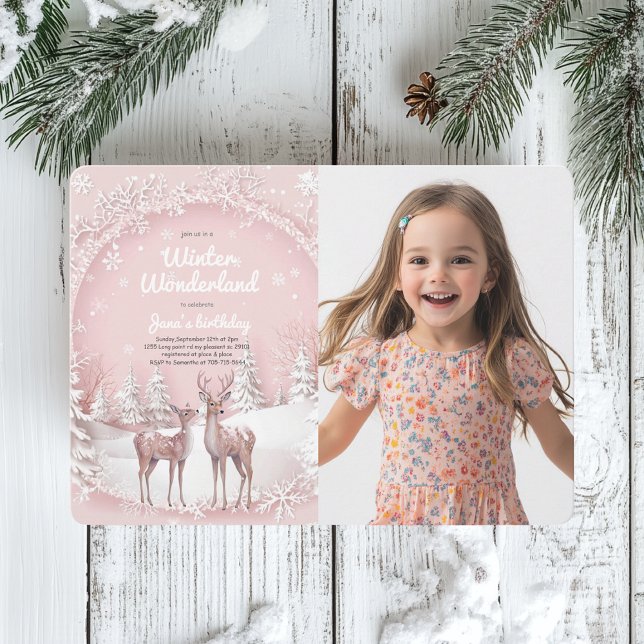 Winter Wonderland Pink and Deer  Photo Birthday  Invitation (Creator Uploaded)