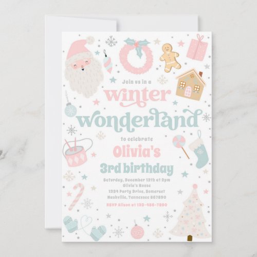 Winter Wonderland Pink Christmas Birthday Party Invitation