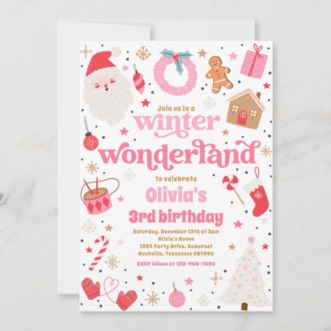 Winter Wonderland Pink Christmas Birthday Party Invitation (Front)