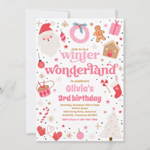 Winter Wonderland Pink Christmas Birthday Party Invitation