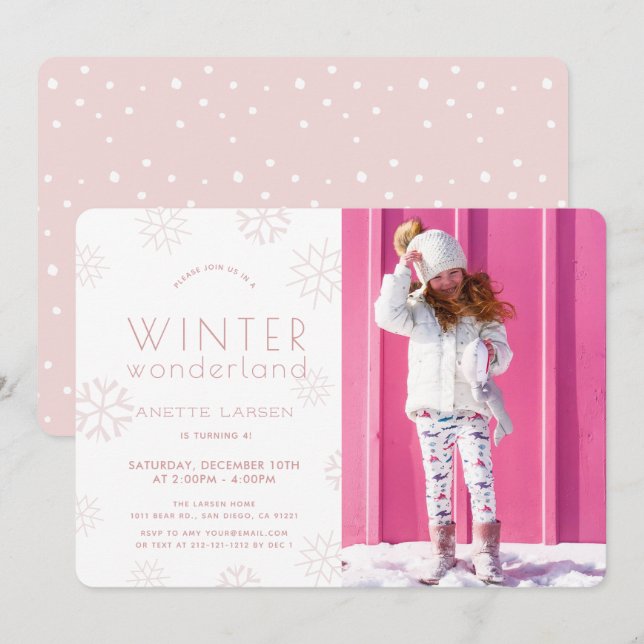 Winter Wonderland Pink Girl Photo Birthday Invitation (Front/Back)