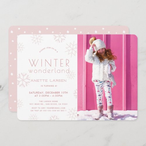 Winter Wonderland Pink Girl Photo Birthday Invitation