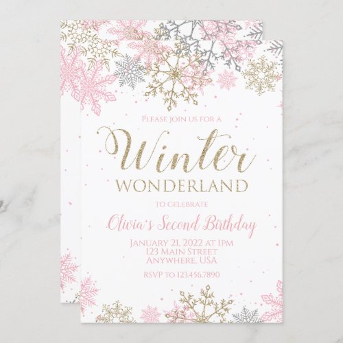 Winter Wonderland Pink Gold Snowflake Birthday Invitation
