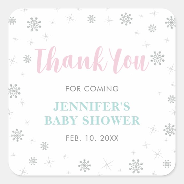 Winter wonderland, Pink & Mint Baby Shower Favor Square Sticker (Front)