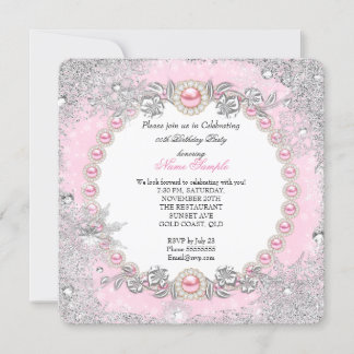 Winter Wonderland Pink Pearl Snowflake Birthday Invitation