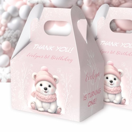 Winter Wonderland Pink Polar Bear 1st Birthday Favor Boxes