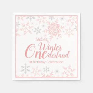 Winter Wonderland Pink Silver Glitter 1st Birthday Napkins