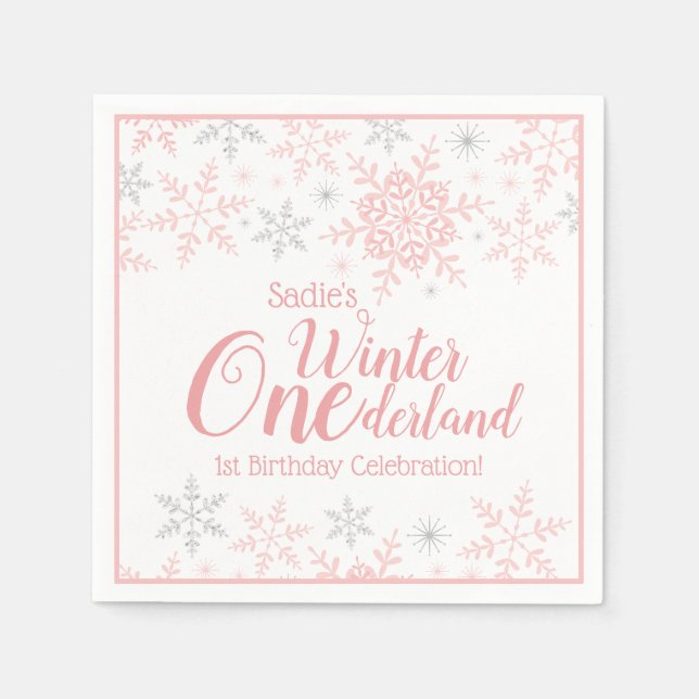 Winter Wonderland Pink Silver Glitter 1st Birthday Napkins (Front)