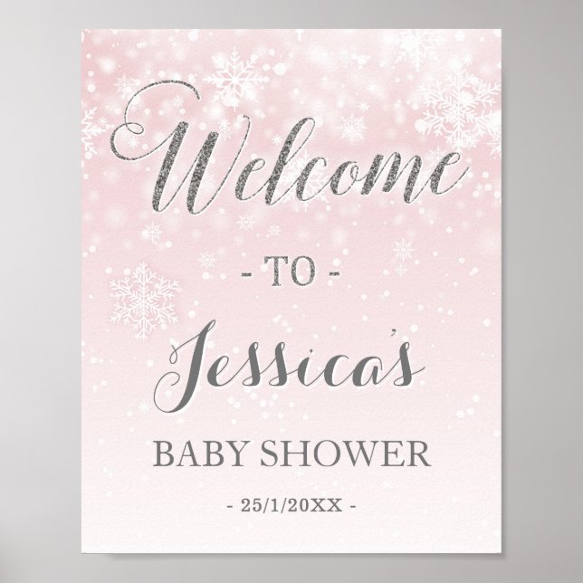 Winter Wonderland Pink Silver Glitter Welcome Sign (Front)