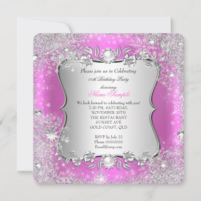 Winter Wonderland Pink Silver Snowflake Birthday 2 Invitation (Front)