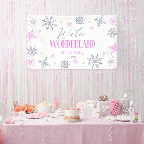 Winter Wonderland Pink Snowflake Birthday Party Banner