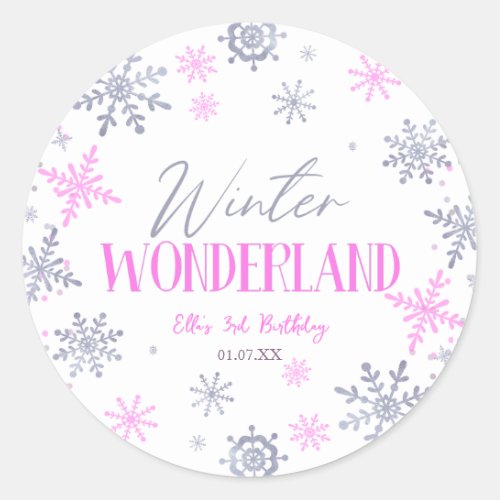 Winter Wonderland Pink Snowflake Birthday Party Classic Round Sticker
