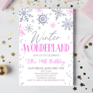 Winter Wonderland Pink Snowflake Birthday Party Invitation