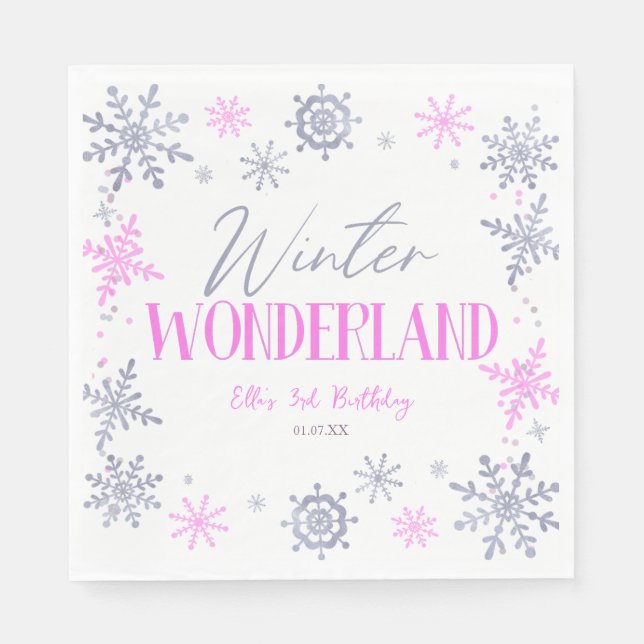 Winter Wonderland Pink Snowflake Birthday Party Napkins (Front)