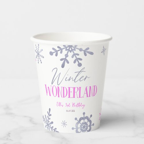 Winter Wonderland Pink Snowflake Birthday Party Paper Cups