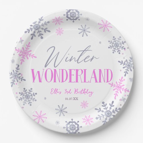 Winter Wonderland Pink Snowflake Birthday Party Paper Plates