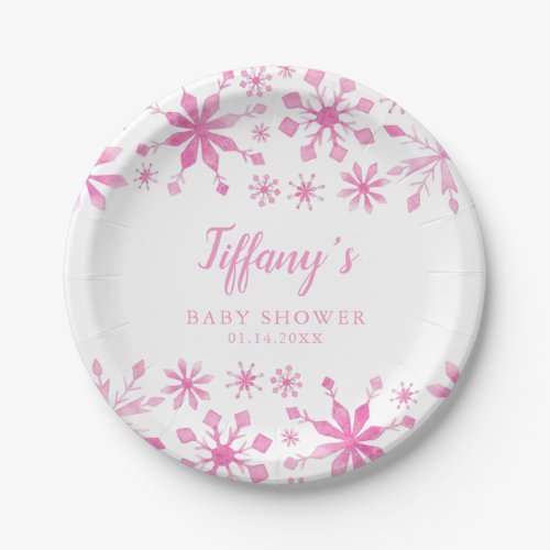 Winter Wonderland Pink Watercolor Baby Shower Paper Plates